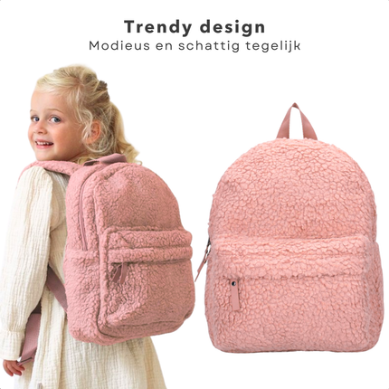 Cheqo® Luxe Kinderrugzak - Rugzak voor Kinderen - Rugtas voor Meisjes - Schooltas - Zachte Teddystof - Verstelbare Schouderbanden - Roze