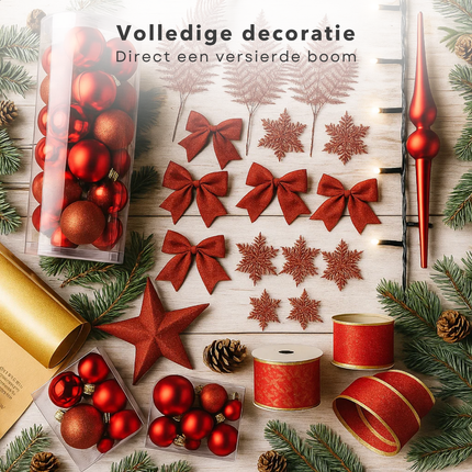 Cheqo® Kerstversiering Set - Rode Kerstdecoratie - Kerstboom Versiering - Kunststof Kerstballen - Luxe Decoratieset - Rode Kerstballen - Kerstboom Verlichting - Warmwitte Led-Lampjes - Onbreekbare Kerstballen