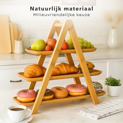 Cheqo® Etagere Bamboe - 3 Laags - Serveertoren - Bamboe Hout - Presenteerschaal - High Tea - Bamboe Serveerplateau - Bamboe Presentatie - Bamboe Serveertray - Hapjes Presenteren - Bamboe Decoratie - Bamboe Design