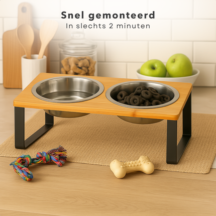 Cheqo® Dubbele Voerbak Voor Honden & Katten – RVS Voerbakken met Bamboe Standaard – Verhoogde Eet- en Drinkbak – Antislip Voerbak met Houder – Waterafstotend – Ergonomisch – Voor Kleine Huisdieren