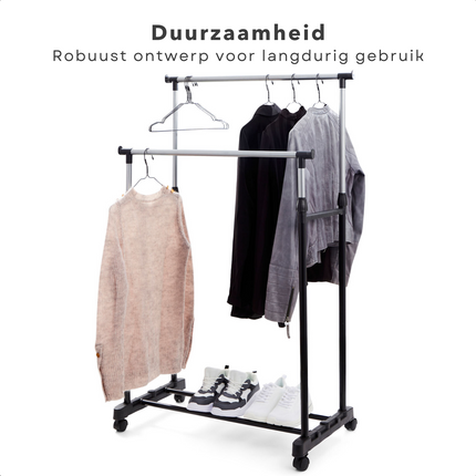 Cheqo® Verstelbaar Kledingrek op Wieltjes met Dubbele Stang en Extra Opslagruimte voor Studentenkamers - Mobiel Kledingrek met Schoenenrek - Ideaal voor T-shirts, Blousen, Jurken, Rokken, Broeken en Jeans - Maximaal Draagvermogen 20 kg Wonen