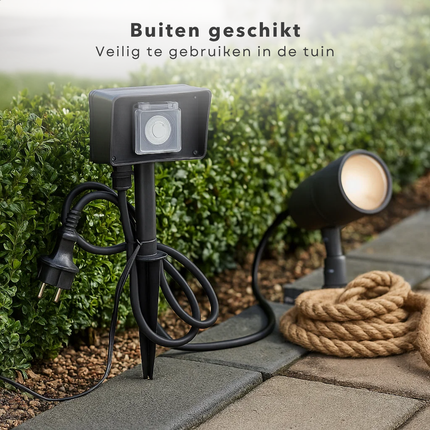Cheqo® Tuinstekkerdoos Met Timer - 2 Stopcontacten - Zwart - Buitenstopcontact - Timerfunctie - Outdoor Gebruik - Elektrische Aansluiting - Tuinaccessoires - Ideaal voor Kerst