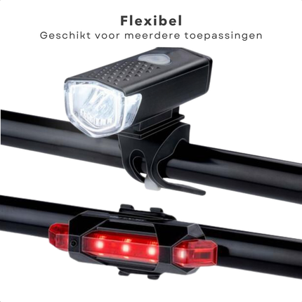 Cheqo® Fietsverlichting Set - USB Oplaadbaar - Spatwaterdicht IP44 - LED Knippermodi - Gereedschapsloze Installatie