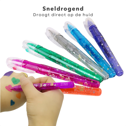 Cheqo® Tattoo Gelpennen voor Kinderen - Glittergel Pennen - Glitterpen - Glitter Pen Huidvriendelijk - Creatieve Tekenpennen Set 6 Kleuren