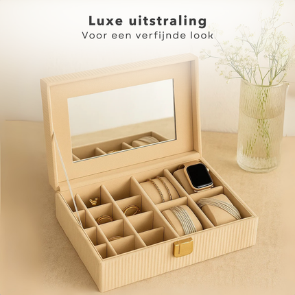 Cheqo® Juwelenbox Ribfluweel - Sieraden Opberger - Sieradendoos - Fluwelen Bekleding - Goudkleurig Slotje - Spiegel Aan De Binnenzijde - Beige Of Taupe - MDF Met Fluweel