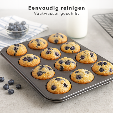 Cheqo® Muffinvorm met Non-Stick Coating - Bakvorm Cupcakes - Cupcakevorm - Ovenbestendig Tot 220 Graden - Voor 12 Muffins - Cupcake Bakvorm - Cupcakes Bakken