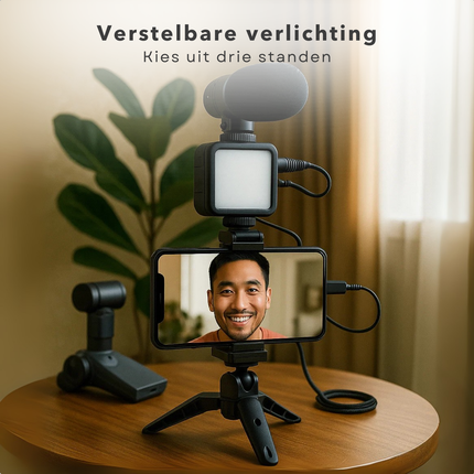 Cheqo® Telefoon Statief Met Lamp - LED Telefoon Statief - Content Creators Statief - Vloggers Telefoon Standaard - Livestream Statief - LED Lamp Met 49 LED’s - Verstelbare Lichthelderheid - Externe Microfoon Statief - Smartphone Tripod