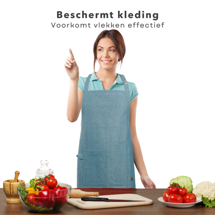 Cheqo® Blauw Katoen Keukenschort - Kookschort - Schort - Verstelbaar Unisex - Met Zakken - Duurzaam Koken
