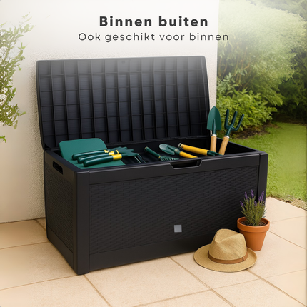 Cheqo® Opbergbox Tuin 310L – Tuinkussenbox met Deksel & Wielen – Kunststof Kussenbox Buiten – Zwarte Wickerlook – Weerbestendig – Verrijdbare & Afsluitbare Tuin Opbergkist – Duurzame Opbergbox Balkon & Garage