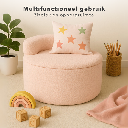 Cheqo® Poef met Opbergruimte - Opbergpoef - Kinderpoef Roze - Zachte Fleece Opbergstoel - Comfortabele Kinderzit