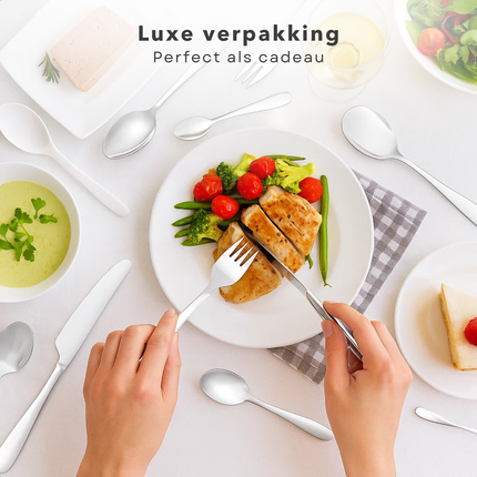 Cheqo® Luxe Bestekset - 70-Delig - Voor 12 Personen - RVS Bestek - Zilverkleurig - Vaatwasserbestendig - Hoogwaardig Edelstaal - Tijdloos Design - Serveerbestek Inbegrepen - 12 Lepels - 12 Vorken - 12 Messen - 12 Theelepels - 12 Taartvorkjes