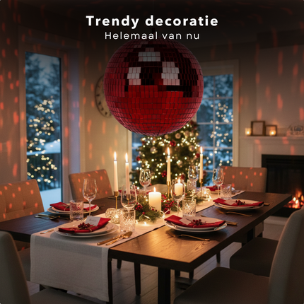 Cheqo® Kerst Discobal - Spiegelbol 30 CM - Rode Spiegelglas - Disco Bal Rood - Eenvoudig Op Te Hangen - Kerstversiering - Feestdagen Decoratie - Discobal Ornament - Spiegelglas Discobal - Kerstdecoratie