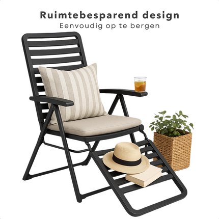 Cheqo® Opvouwbare Tuinstoel met Voetensteun - Camping Stoel - Zonnenbed - Tuin Stoel Lounge - Balkonstoel - Loungestoel - Aluminium Relaxstoel