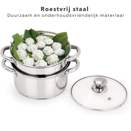 Cheqo® RVS Stoompan - Rijst- en Groentestomer - Handig voor Couscous en Rijst - 3-delig - Inductie - Ø 20 cm - Glazen Deksel