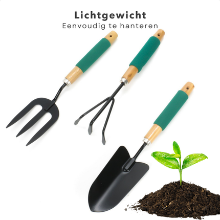 Cheqo® 3-Delige Tuingereedschap Set - Tuinhark - Spitvork - Schepje - Tuinieren Set - Tuinier Set met Korte Steel - Tuinierset - Antikleef Coating - Houten Handvat
