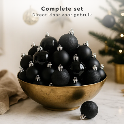 Cheqo® Kerstballen Set - 42 Stuks - Zwarte Kerstballen - Glazen Kerstballen - Moderne Kerstdecoratie - Matte Kerstballen - Glimmende Kerstballen - Glitter Kerstballen - Kerstboom Decoratie - Kerstballen Zwart