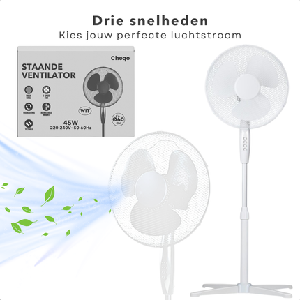 Cheqo® Ventilator - Statiefventilator - Koelventilator Woonkamer - 45W Verstelbaar - Airco Alternatief - Wit Design