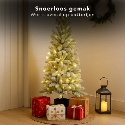 Cheqo® Kunstkerstboom Met Verlichting en Sneeuw- LED Lampjes - Warm Wit Licht - Compacte Kunst Kerstboom - Op Batterijen - Kleine Kunstboom - Sfeervolle Decoratie - Besneeuwde Takken - Natuurgetrouwe Takjes