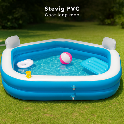 Cheqo® Vijfhoekig Opblaasbaar Familiezwembad - Zwembad - Opblaasbad - PVC - Bad Met Loungestoelen en Bekerhouders