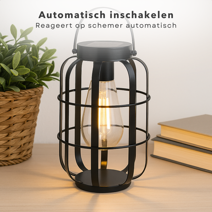 Cheqo® Solar Tafellamp Buiten – Draagbare Lantaarn op Zonne-energie – LED Warm Wit Licht – IP44 Spatwaterdicht – Tuinverlichting – Terras & Balkon Verlichting – Metalen Behuizing – Zonder Bedrading – Oplaadbare Batterij