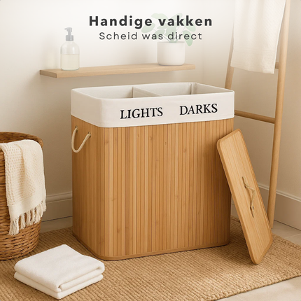Cheqo® Wasmand met 2 Vakken - Wassorteerder - Bamboe Wasmand - Uitneembare Binnenzak - Afneembaar Deksel - 100 Liter Inhoud - Naturel Kleur - Wasmand met Deksel - Wasbare Binnenzak