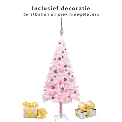 Cheqo® Roze Kerstboom - Kunstkerstboom 150 cm - Met LED-Verlichting en Kerstballen - PVC en Staal