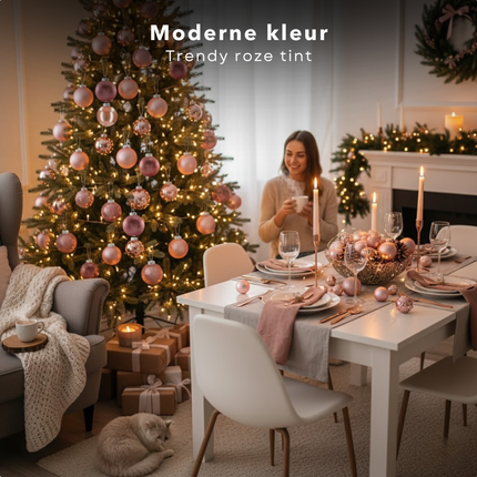 Cheqo® Kerstballen Set - Roze Kerstballen - Glazen Kerstballen - Kerstboom Decoratie - Chique Uitstraling - Feestelijke Kerstversiering - Ø7 cm Kerstballen - Matte Kerstballen - Glimmende Kerstballen - Glitter Kerstballen