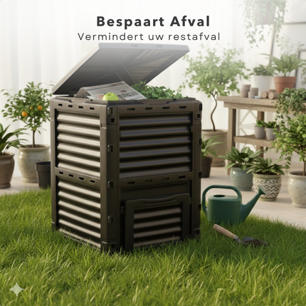 Cheqo® Compostvat 300 Liter - Compostbak - Composter - Afval Recyclen - Vierkant Model - Kunststof Compostbak - Compostton - Kompostvat - Zwart Kunststof - Groente- En Fruitafval - Tuinafval Composteren - Afvalbak Compost