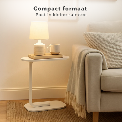 Cheqo® Bijzettafel Wit - Banktafel Metaal - Bijzet Tafel - Mdf Blad - C-Vormig Ontwerp - Compact Formaat - Wit Onderstel - Metaal Frame - Lichte Bijzettafel - Sidetable - Tafeltje - Bedtafel - Modern Design - Geschikt Voor Woonkamer