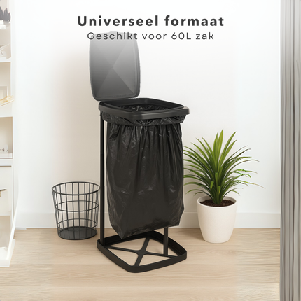 Cheqo® Camping Vuilniszakhouder 60L – Opvouwbare Vuilniszak Houder met Deksel – Lichtgewicht & Stevig – Kunststof en Metaal – Vuilniszakhouder voor Buiten, Tuin, Festivals & Kamperen – Inklapbare Afvalzakhouder Zwart