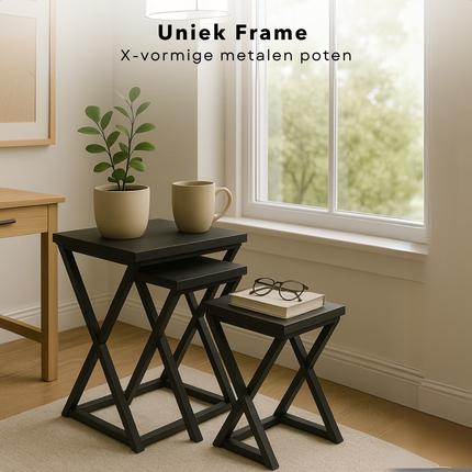 Cheqo® Moderne Bijzettafels Set - Salontafel Set - Tafelset - Bijzet Tafel Set - Bijzettafel Zwart Metaal & MDF - X Design - 3 Stuks