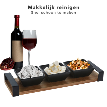 Cheqo® Acacia Houten Serveerplank - Tapas Set met 3 Aardewerk Schaaltjes - Compact Formaat 32x10 cm - Duurzaam Hout - Elegant Design - Ideaal voor Hapjes en Tapas - Vaatwasmachinebestendig
