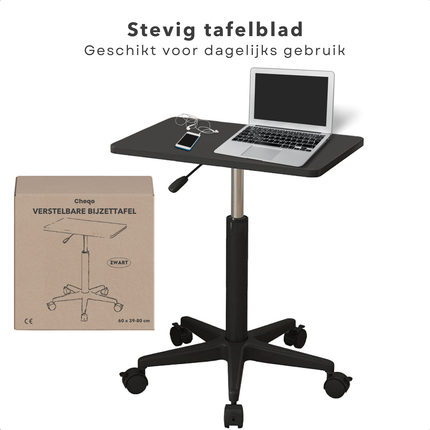 Cheqo® Verstelbare Bijzettafel op Wieltjes - Nachtkastje - Bedtafel - Tafelt - Banktafel - Laptoptafel - Bijzet Tafel Wielen - MDF Zwart