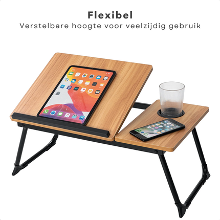 Cheqo® Verstelbare Laptoptafel - Ontbijt op Bed Tafel - Ontbijttafel - Laptopstandaard - Schoottafel - Opklapbare Bedtafel met Bekerhouder - MDF Walnoot