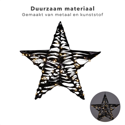 Cheqo® Verlichte Kerstster - Kerstkrans - Deurkrans - Kerst Ster Zwart - 40 cm - Microled - Metalen Decoratie voor Binnen