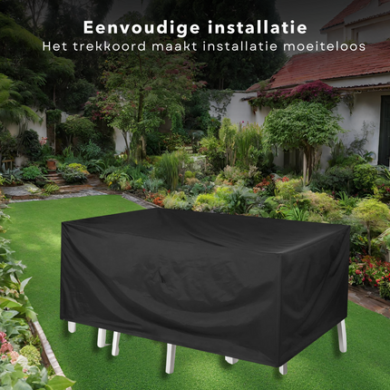 Cheqo® XL Waterdichte Tuinsethoes - Beschermhoes voor Tuinmeubelen - Trekkoord - 210x210x90cm - Afdekhoes - Beschermhoes Tuinset - Tuinsetbescherming - Waterdicht - UV Bestendig - Extra Sterk tuinmeubelhoezen