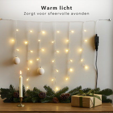 Cheqo® Ijspegel Verlichting - Kerstverlichting Warm Wit - Ijspegelverlichting Transparant Snoer - 90 LED - Lichtgordijn - Kerstverlichting Buiten - voor Binnen en Buiten - IP44 Adapter - Energiezuinig - Decoratieve Verlichting