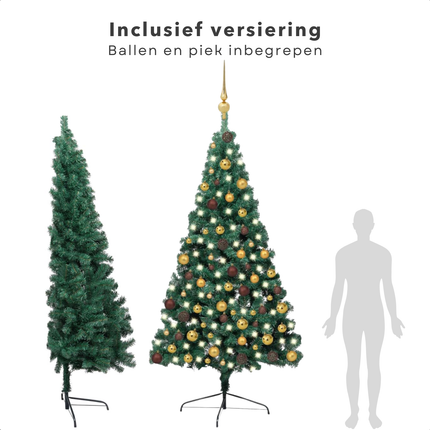 Cheqo® Kerstboom - Kunstkerstboom met Verlichting - Halve Boom 210 cm - PVC Groen - Ruimtebesparend