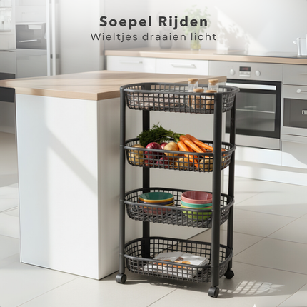 Cheqo® Keukentrolley Op Wieltjes - 4 Lagen - Opberg Trolley - Kunststof Trolley - Smalle Rolwagen - Keuken Organizer - Opberg Manden - Badkamer Organizer - Keuken Opbergrek