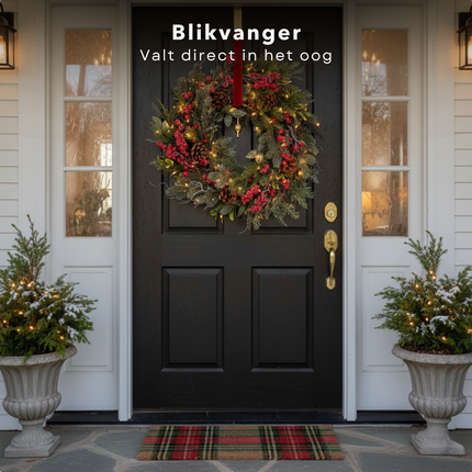Cheqo® Kerstkrans Ø50 CM - Kerst Krans - Traditionele Kerstkleuren - Groene Dennennaaldjes - Rode Besjes - Bruine Dennenappels - Witte Sneeuw Afwerking - Licht Besneeuwd Effect - Eenvoudige Ophanging - Kerstdecoratie Interieur