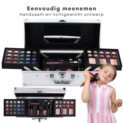 Cheqo® Make-up Koffer - Make Up Kinderen Set - Zilver - Kindermake-up Set met Spiegel - Draagbaar en Compleet