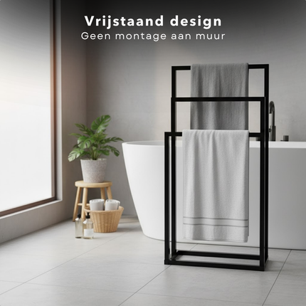 Cheqo® Vrijstaand Handdoekrek - Handdoekenrek Badkamer - Metaal Handdoekrek - Mat Zwart - 3 Niveaus - Anti-Kras Viltdopjes - Industrieel Design - Handdoekrek Zonder Boren
