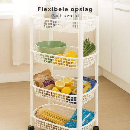 Cheqo® Keukentrolley Op Wieltjes - 4 Lagen Manden - Wit Kunststof - Opbergtrolley Keuken of Badkamer - Ruimtebesparend Ontwerp - Keuken Organizer - Multifunctionele Trolley - Smalle Rolwagen - 4 Wieltjes