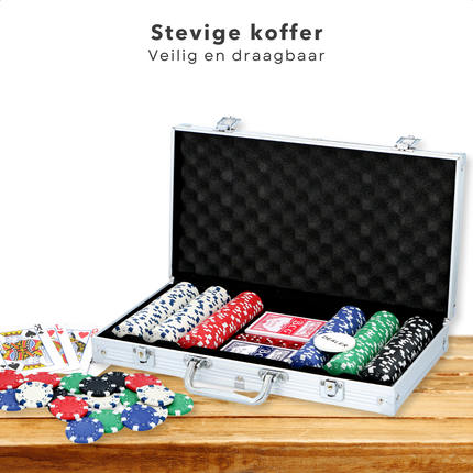 Cheqo® Pokerset Aluminium Koffer - Pokeren - Poker Set met 300 Fiches - Poker Spel voor 5 Personen - Inclusief Dobbelstenen en Kaarten