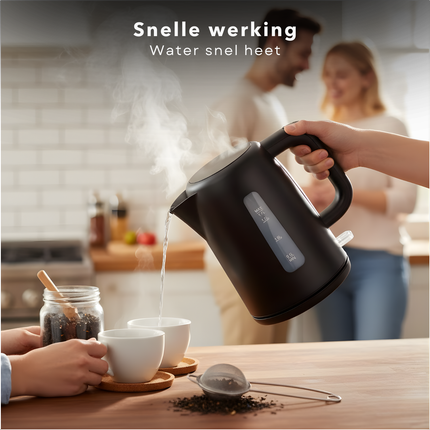 Cheqo® Waterkoker – Mat Zwarte Waterkoker – Snoerloos Design – Water Koker - Water Koken – Waterniveau-Indicator – Verborgen Verwarmingselement – Automatische Uitschakeling – Verlichte Aan/Uit-Schakelaar - Theekan