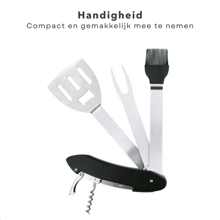 Cheqo multifunctioneel BBQ gereedschap met spatels en borstels, compact en inklapbaar barbecue accessoire.