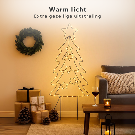 Cheqo® Tuinsteker Kerstboom - 90 LED Lampjes - Extra Warm Wit - Metalen Grondpennen - Werkt Op Batterijen - Automatische Timer - Binnen En Buiten - IP44 Beschermwaarde - Kerst Tuinversiering - Decoratieve Kerstboom - Zwarte Metalen Frame