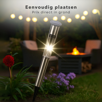 Cheqo® Solar Tuinlamp – Tuinverlichting op Zonne-Energie – LED Tuinlamp – Roestvrij Staal – Automatisch Inschakelen – Koud Wit Licht – Grondpin - Padverlichting - Tuinlamp Zonnepaneel - Zonne Energie Tuinverlichting