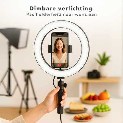Cheqo® Selfie Ringlamp - Ring Light Met Statief - Ring Lamp LED - TikTok Content Creatie Tripod - USB Voeding - Telefoonhouder