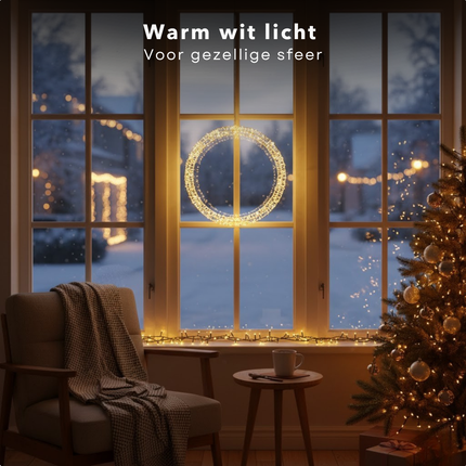 Cheqo® Kerstverlichting Cirkel - Warm Witte LED Lampjes - Ø36 cm Metaal - Spatwaterdicht IP44 - Timerfunctie Verlichting - Raamdecoratie Kerst - Tuinverlichting Cirkel - Buitenverlichting Wit - Hangende Cirkel Verlichting - 800 LED-Lampjes